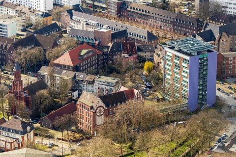 Aerial view, Hans-Böckler-Berufskolleg high-rise building, Adolf-Feld-Schule, evang. Christuskirche