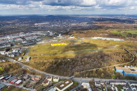 Aerial view, Centro shopping centre, new building POCO Einrichtungsmarkt, Neue Mitte, steelworks
