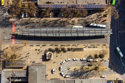 Aerial view, Oberhausen main station, bus station, Oberhausen, Ruhr area, North Rhine-Westphalia,