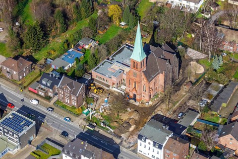 Aerial view, Evang. Auferstehungskirche, construction site, new community centre, Osterfeld,