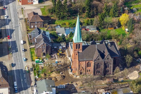 Aerial view, Evang. Auferstehungskirche, construction site, new community centre, Osterfeld,
