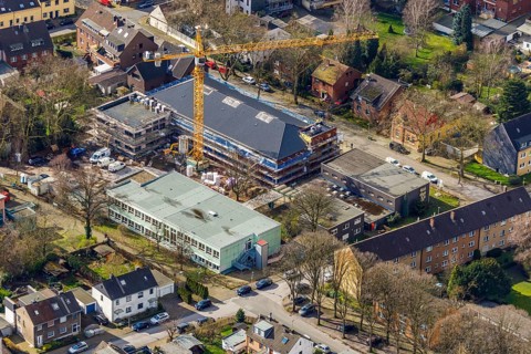 Aerial view, former secondary school Eisenheim, construction area new building Robert-Koch-Schule,