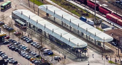 Aerial view, Oberhausen-Sterkrade railway station, public transport, bus stop, bus stop canopy,