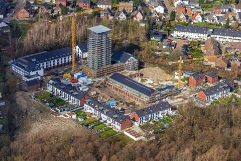 Aerial view, construction site residential area and commercial areas in Lebenspark Schacht IV, Zum