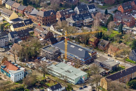 Aerial view, former secondary school Eisenheim, construction area new building Robert-Koch-Schule,
