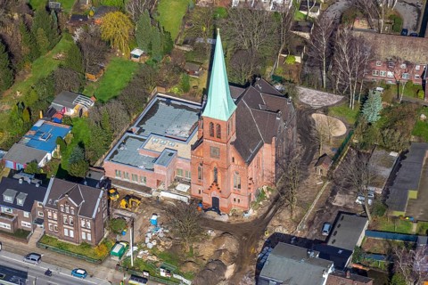 Aerial view, Evang. Auferstehungskirche, construction site, new community centre, Osterfeld,
