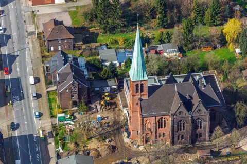 Aerial view, Evang. Auferstehungskirche, construction site, new community centre, Osterfeld,