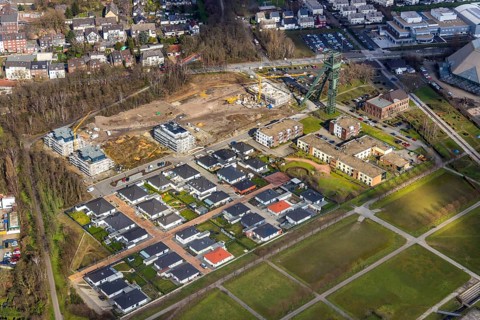 Aerial view, winding tower Osterfeld colliery pit Â½, new residential complex for senior citizens,