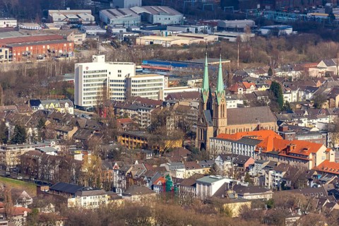 Aerial view, Catholic parish church St. Marien, employment agency and job centre Oberhausen,