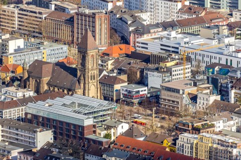 Aerial view, Altmarkt, Job Centre with rooftop greenhouse, Catholic Church at Altmarkt, Victory