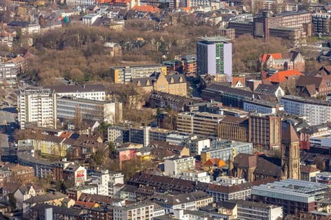 Aerial view, city view, Hans-Böckler-Berufskolleg high-rise building, Oberhausen district court,