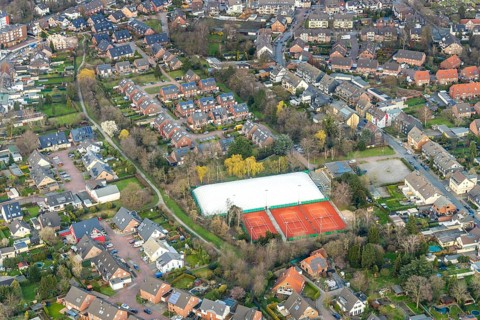 Aerial view, tennis facility Tennis Club Babcock 1975, residential area Alstaden, Oberhausen, Ruhr