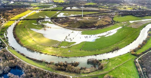 Aerial view, Styrumer Ruhrbogen, landfill Kolkerhofweg, city triangle Duisburg-Oberhausen-Mülheim,