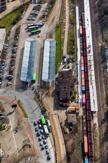 Aerial view, Oberhausen-Sterkrade railway station, public transport, bus stop, bus stop canopy,