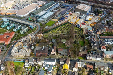 Aerial view, construction site new building Steinbrinkstraße Eugen-Zur-Nieden-Ring, Friedenskirche,