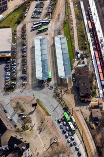 Aerial view, Oberhausen-Sterkrade railway station, public transport, bus stop, bus stop canopy,