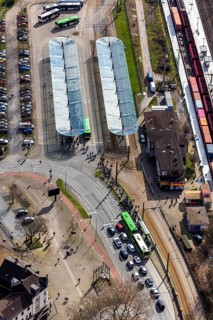 Aerial view, Oberhausen-Sterkrade railway station, public transport, bus stop, bus stop canopy,