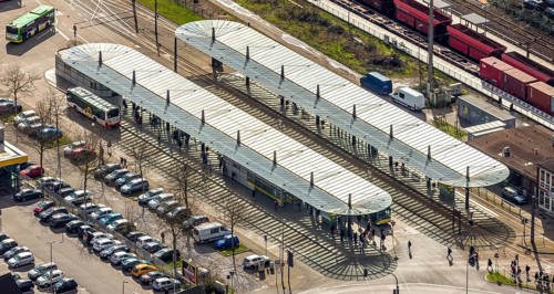 Aerial view, Oberhausen-Sterkrade railway station, public transport, bus stop, bus stop canopy,