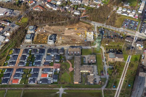 Aerial view, winding tower Osterfeld colliery pit Â½, new residential complex for senior citizens,