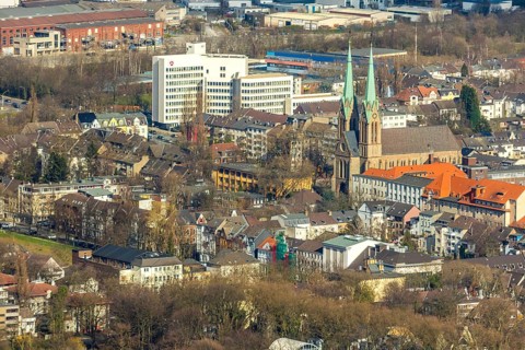 Aerial view, Catholic parish church St. Marien, employment agency and job centre Oberhausen,