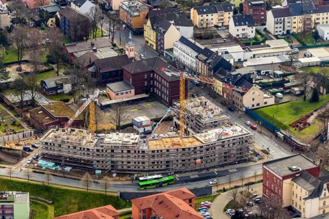 Aerial view, construction site new building Steinbrinkstraße Eugen-Zur-Nieden-Ring, Friedenskirche,