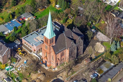 Aerial view, Evang. Auferstehungskirche, construction site, new community centre, Osterfeld,