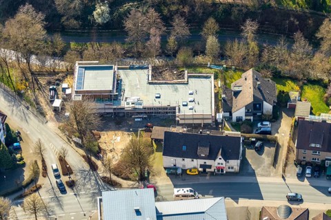Aerial view, new building community centre Eveangelische Kirchengemeinde Sundern, grounds of the