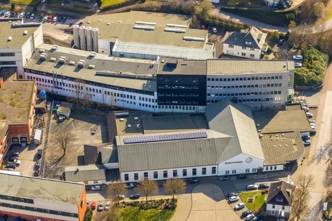Aerial photo, St. Hubertus shooting hall, SKS Metaplst Scheffer-Klute GmbH, Sundern, Sauerland,