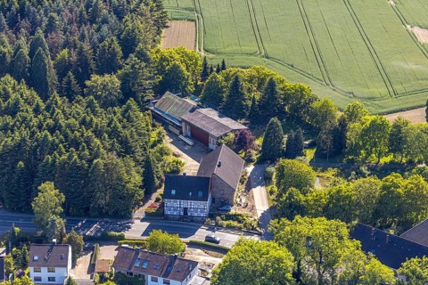 Aerial view, half-timbered house Wittener Straße 189, Hiddinghausen, Sprockhövel, Ruhr area, North