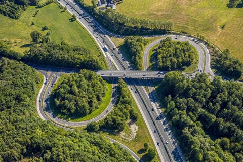 Aerial view, motorway A43, motorway junction Sprockhövel, Hiddinghausen, Sprockhövel, Ruhr area,