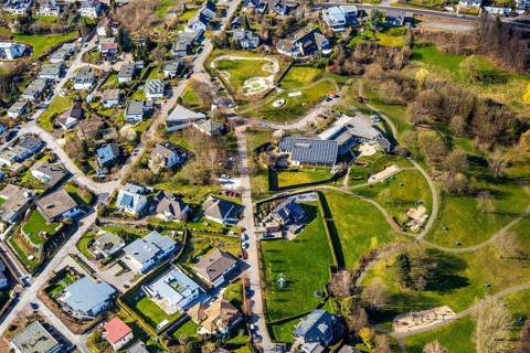 Aerial view, swimming pool sauna Haus des Gastes, Langscheid, Sundern, Sauerland, North