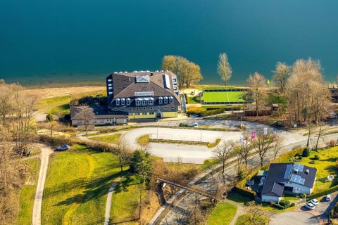Aerial photo, DJH Youth Hostel Sorpesee, Langscheid, Sundern, Sauerland, North Rhine-Westphalia,