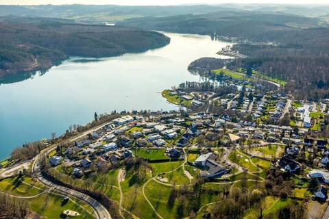 Aerial view, overview Langscheid, Sorpesee, Langscheid, Sundern, Sauerland, North Rhine-Westphalia,