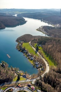 Aerial view, Sorpesee, Sorpe shore, camping at Sorpesee, campsite, Langscheid, Sundern, Sauerland,