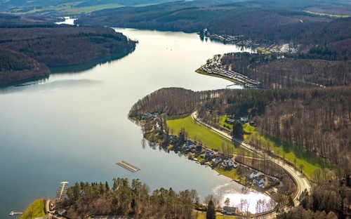 Aerial view, Sorpesee, Sorpe shore, camping at Sorpesee, campsite, Langscheid, Sundern, Sauerland,
