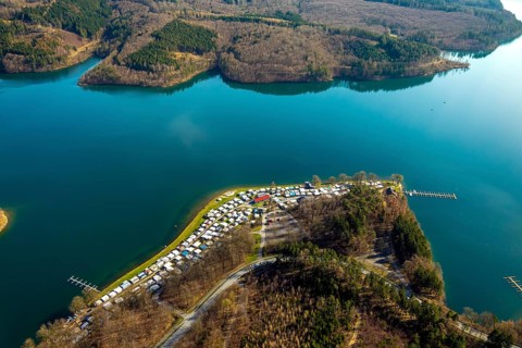 Aerial view, Sorpesee, Sorpe shore, camping at Sorpesee, campsite, Langscheid, Sundern, Sauerland,