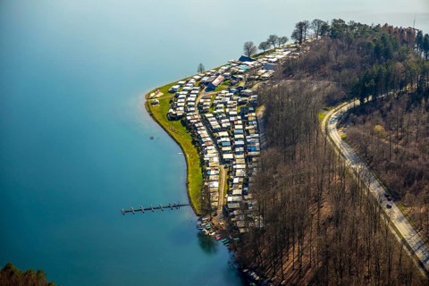 Aerial view, Sorpesee, Sorpe shore, camping at Sorpesee, campsite, Langscheid, Sundern, Sauerland,