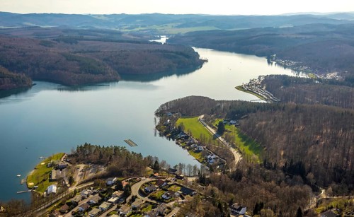 Aerial view, Sorpesee, Sorpe shore, camping at Sorpesee, campsite, Langscheid, Sundern, Sauerland,