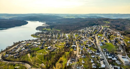 Aerial view, overview Langscheid, Sorpesee, Langscheid, Sundern, Sauerland, North Rhine-Westphalia,