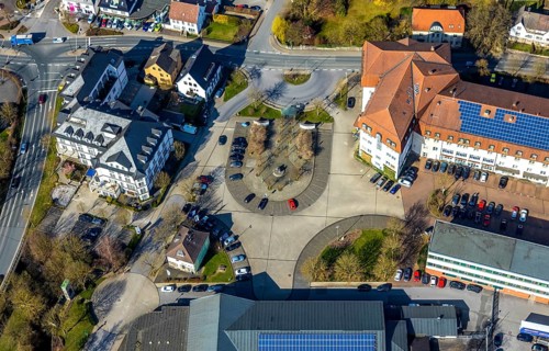 Aerial view, city administration, town hall, town hall square, Sundern, Sauerland, North