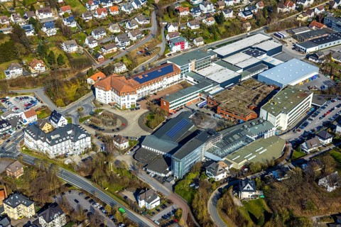 Aerial view, city administration, town hall, town hall square, Sundern, Sauerland, North