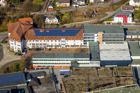 Aerial view, city administration, town hall, town hall square, Sundern, Sauerland, North