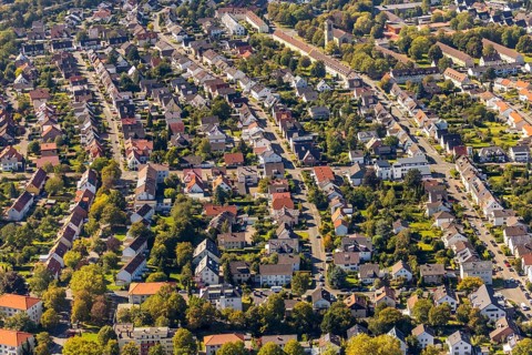 Aerial view, residential area south-west, Church of St. Elisabeth, city centre, Paderborn,
