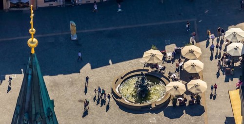 Aerial view, town hall fountain, town hall square, Paderborn, East Westphalia-Lippe, OWL, North