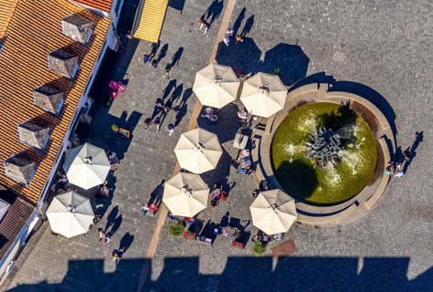 Aerial view, town hall fountain, town hall square, Paderborn, East Westphalia-Lippe, OWL, North
