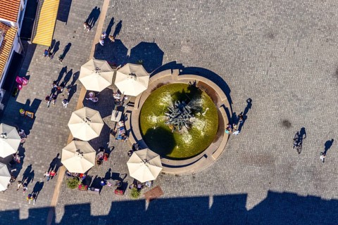 Aerial view, town hall fountain, town hall square, Paderborn, East Westphalia-Lippe, OWL, North