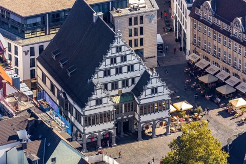 Aerial view, town hall, town hall square, Paderborn, East Westphalia-Lippe, OWL, North