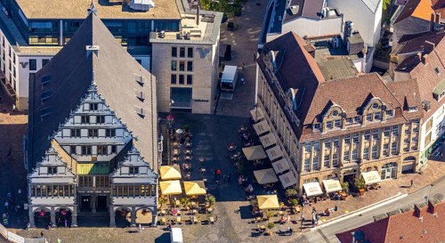 Aerial view, town hall, town hall square, Paderborn, East Westphalia-Lippe, OWL, North