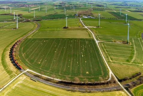 Aerial view, wind turbines on the B55 federal road, train on railway line, Warstein, North