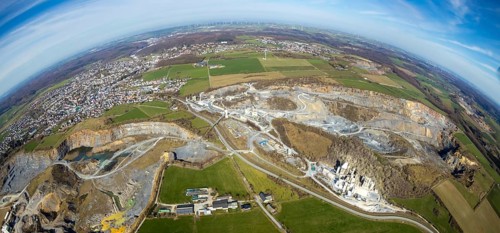 Aerial view, quarries in Warstein, fisheye, fisheye image, Warstein, North Rhine-Westphalia,